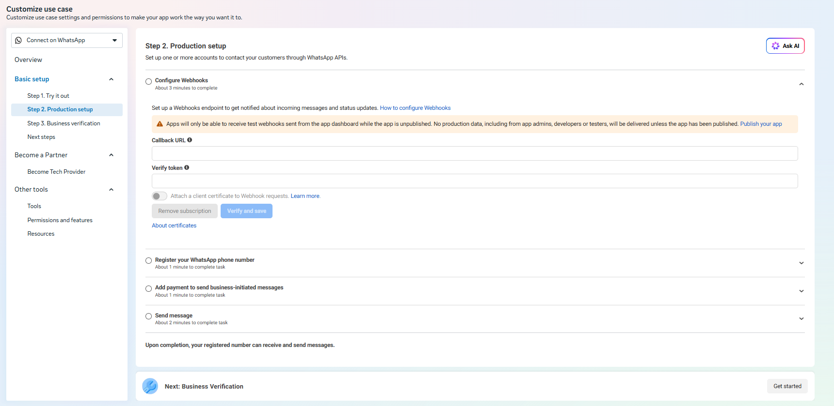 Figure 10: Enter Callback URL and Verify Token in Meta Webhook config.