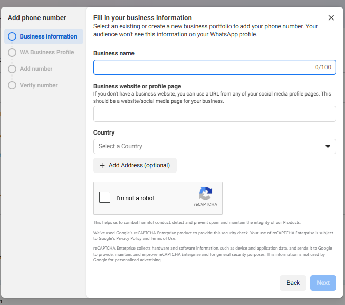 Figure 12: Fill in Business Information and Country.