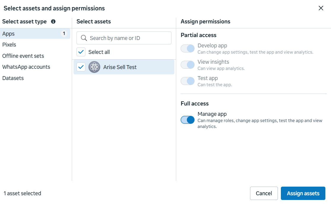 Figure 19: Assign App Asset with Manage app (Full access) toggled ON.