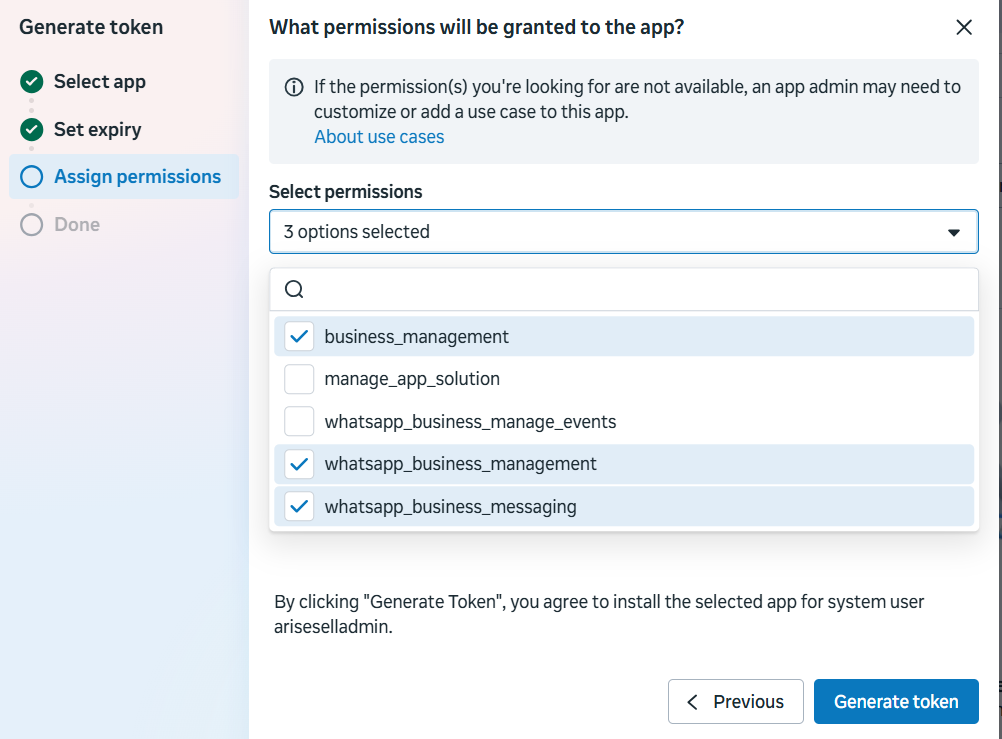 Figure 22: Select required WhatsApp permissions checklist.