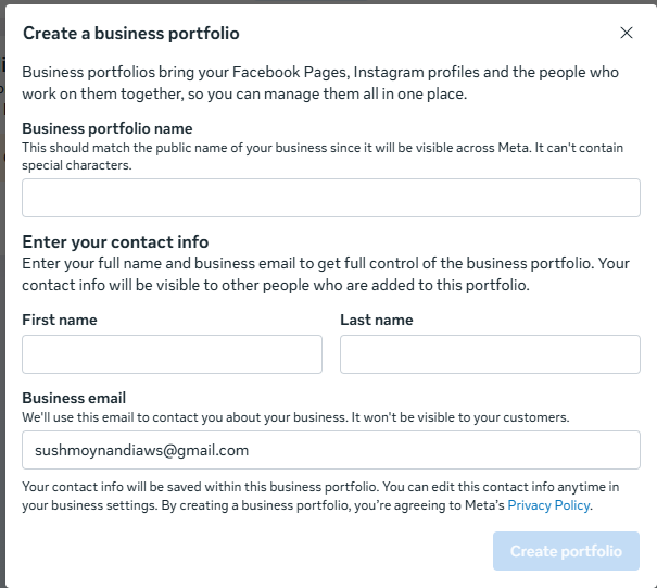 Figure 4: Fill in business name, contact name, and business email.