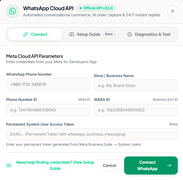 Figure 25: WhatsApp Cloud API Connection Modal in AriseSell Merchant Console.